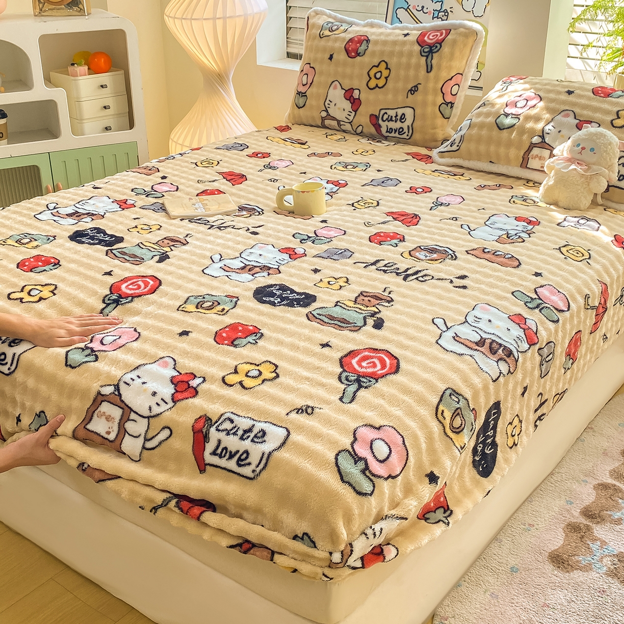 91家纺网 家纺一手货源 找家纺 眠势力 2025新款暖绒泡泡床笠单件冬季保暖床罩牛奶绒床垫保护套 可爱多【暖绒泡泡床笠】