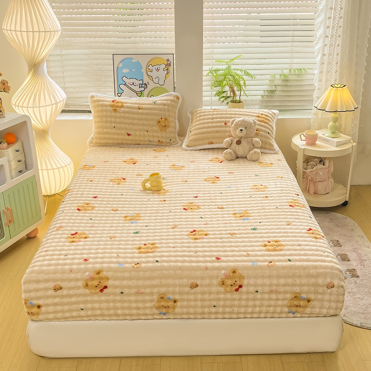 91家纺网 家纺一手货源 找家纺 眠势力 2025新款暖绒泡泡床笠单件冬季保暖床罩牛奶绒床垫保护套 奶油小熊【暖绒泡泡床笠】