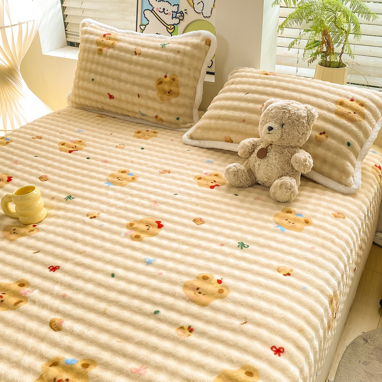 91家纺网 家纺一手货源 找家纺 眠势力 2025新款暖绒泡泡床笠单件冬季保暖床罩牛奶绒床垫保护套 奶油小熊【暖绒泡泡床笠】