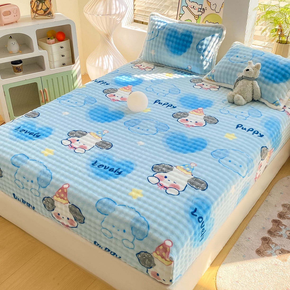 91家纺网 家纺一手货源 找家纺 眠势力 2025新款暖绒泡泡床笠单件冬季保暖床罩牛奶绒床垫保护套 趴趴狗【暖绒泡泡床笠】