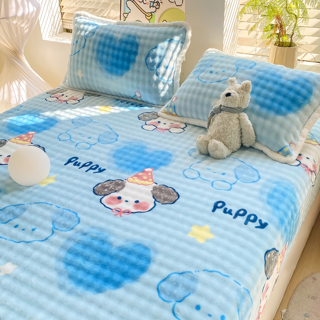 91家纺网 家纺一手货源 找家纺 眠势力 2025新款暖绒泡泡床笠单件冬季保暖床罩牛奶绒床垫保护套 趴趴狗【暖绒泡泡床笠】