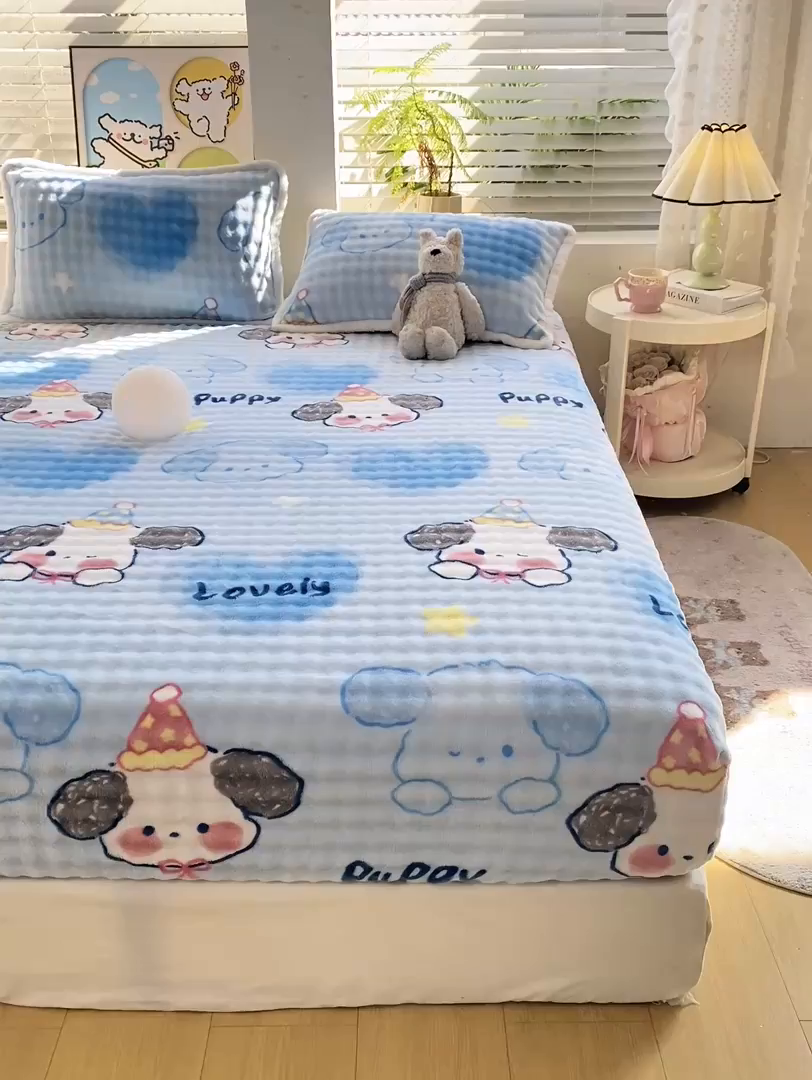 91家纺网 家纺一手货源 找家纺 眠势力 2025新款暖绒泡泡床笠单件冬季保暖床罩牛奶绒床垫保护套 趴趴狗【暖绒泡泡床笠】