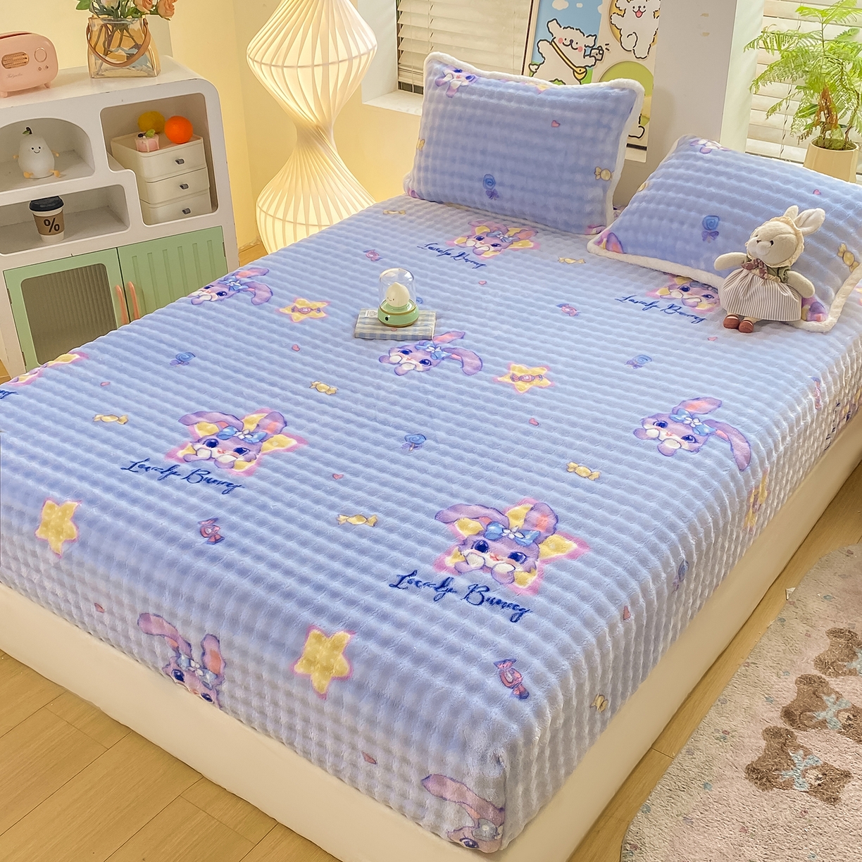 91家纺网 家纺一手货源 找家纺 眠势力 2025新款暖绒泡泡床笠单件冬季保暖床罩牛奶绒床垫保护套 星星梦露【暖绒泡泡床笠】