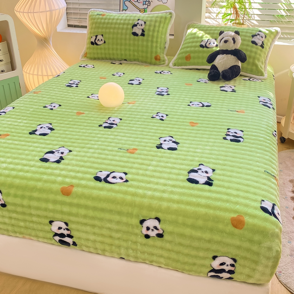 91家纺网 家纺一手货源 找家纺 眠势力 2025新款暖绒泡泡床笠单件冬季保暖床罩牛奶绒床垫保护套 熊猫【暖绒泡泡床笠】
