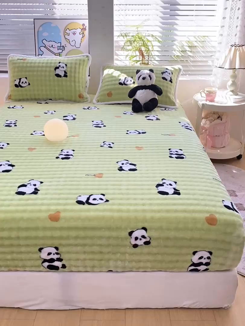 91家纺网 家纺一手货源 找家纺 眠势力 2025新款暖绒泡泡床笠单件冬季保暖床罩牛奶绒床垫保护套 熊猫【暖绒泡泡床笠】