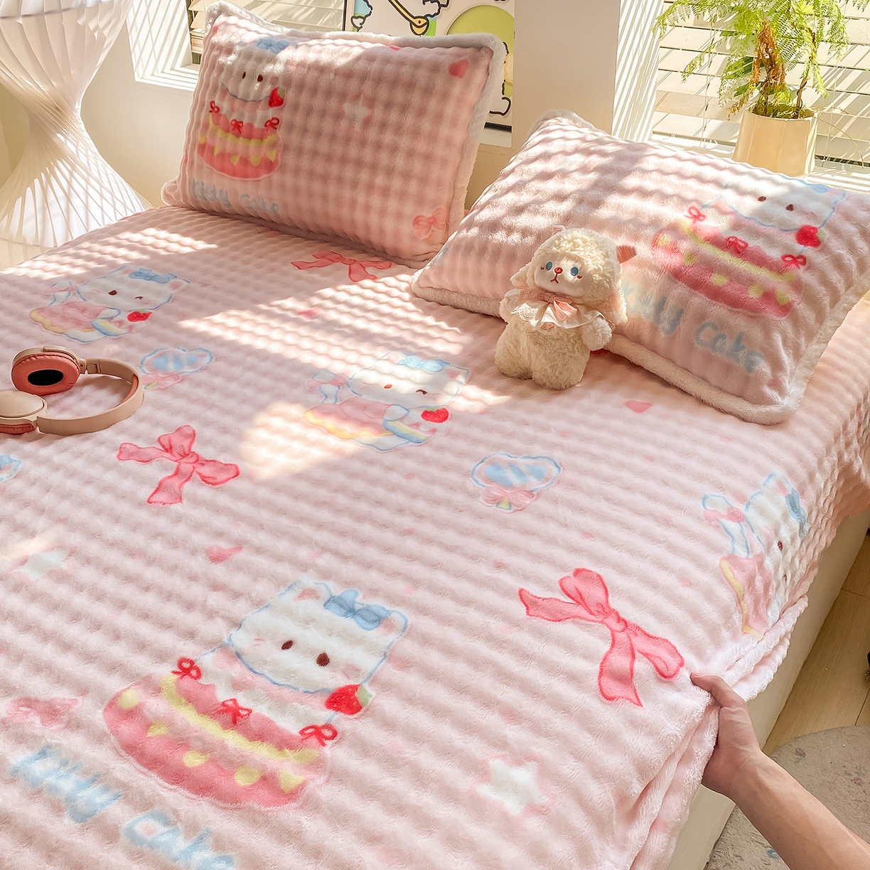 91家纺网 家纺一手货源 找家纺 眠势力 2025新款暖绒泡泡床笠单件冬季保暖床罩牛奶绒床垫保护套 樱桃猫咪【暖绒泡泡床笠】