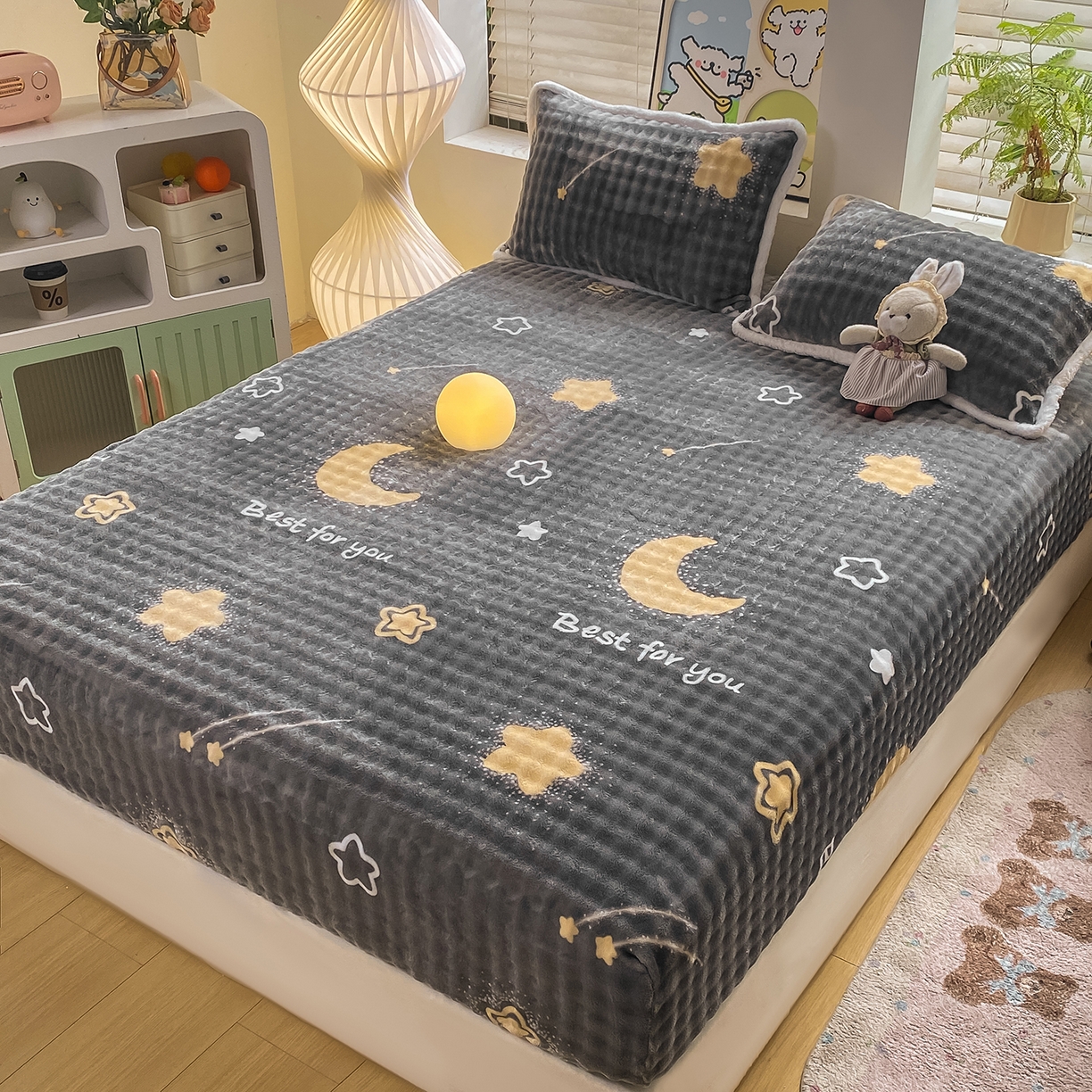 91家纺网 家纺一手货源 找家纺 眠势力 2025新款暖绒泡泡床笠单件冬季保暖床罩牛奶绒床垫保护套 月亮湾【暖绒泡泡床笠】