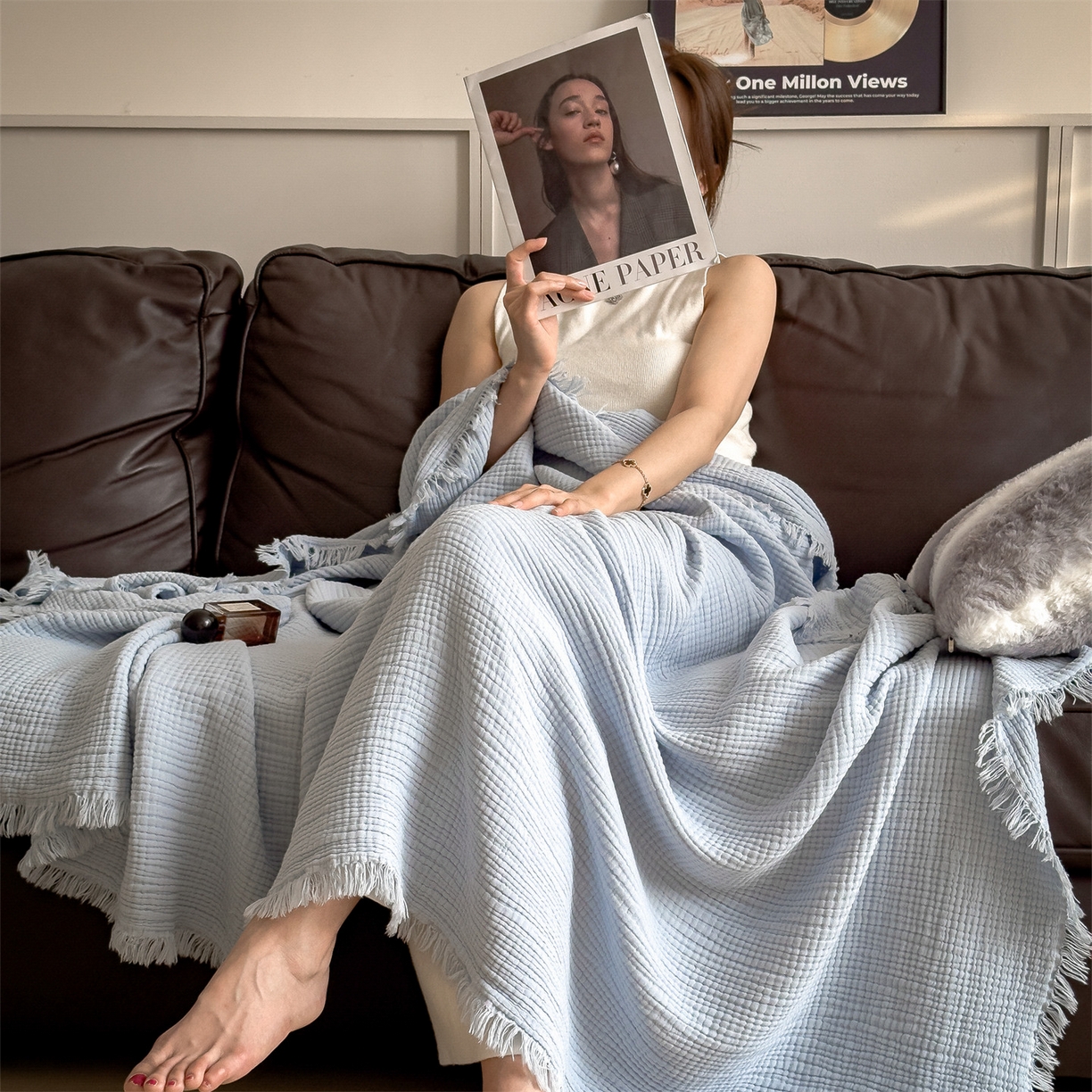 91家纺网 家纺一手货源 找家纺 兄弟坊 2026新款美拉德全棉夏被纱布毯空调毯飞机毯 雅居-星空蓝