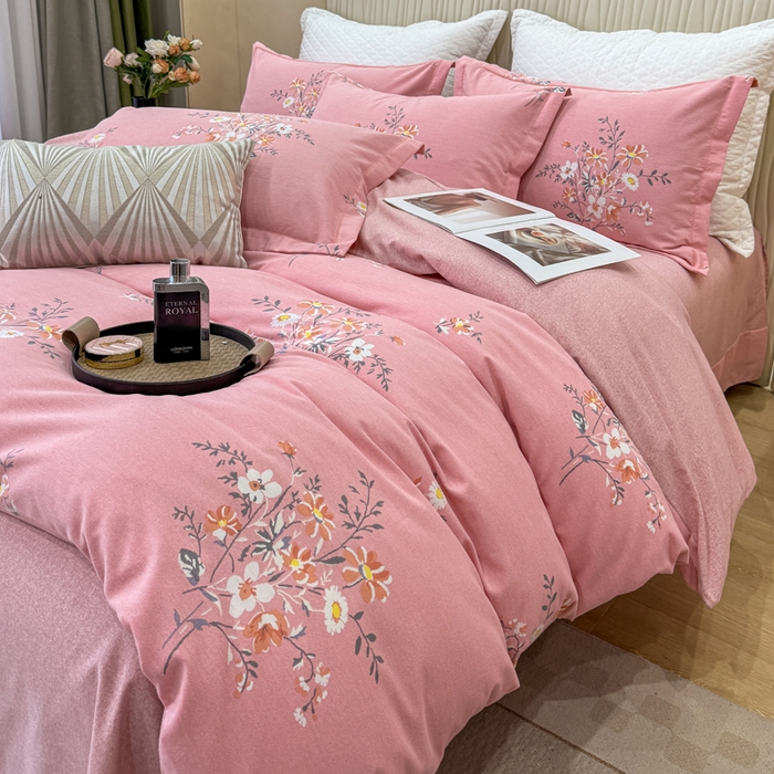 91家纺网 家纺一手货源 找家纺 凌鼎 2025新款喷气加厚磨毛四件套系列1 望夏花艺粉