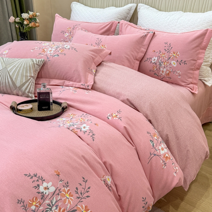 91家纺网 家纺一手货源 找家纺 凌鼎 2025新款喷气加厚磨毛四件套系列1 望夏花艺粉