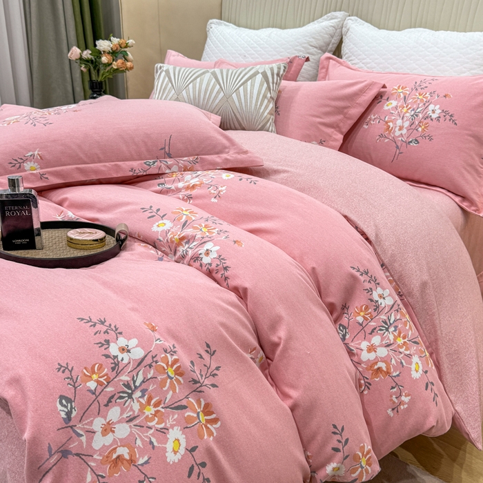 91家纺网 家纺一手货源 找家纺 凌鼎 2025新款喷气加厚磨毛四件套系列1 望夏花艺粉