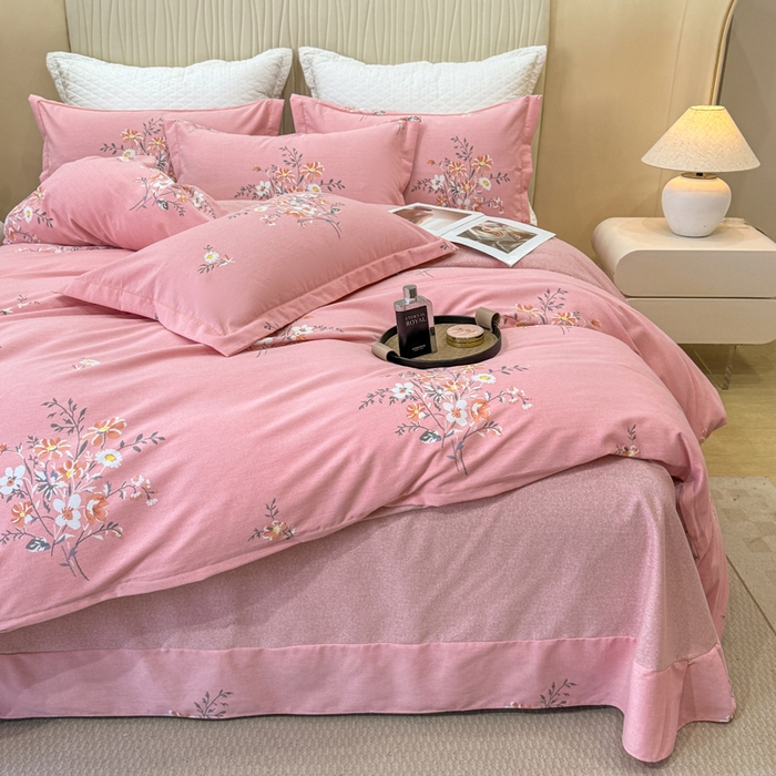 91家纺网 家纺一手货源 找家纺 凌鼎 2025新款喷气加厚磨毛四件套系列1 望夏花艺粉