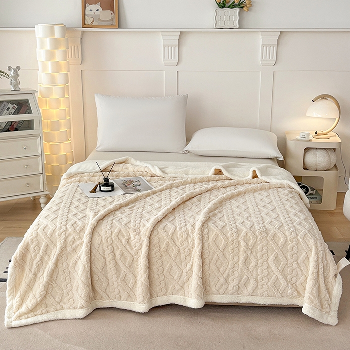 云尚床笠 2025新款提花大包边AB版塔芙绒羊羔绒毯子舒棉绒四季毛毯毯子 米白色
