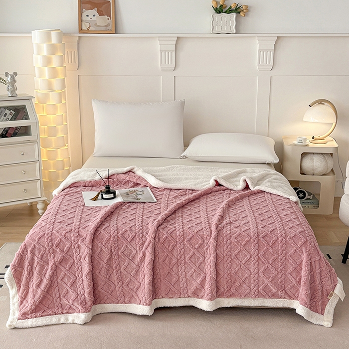 云尚床笠 2025新款提花大包边AB版塔芙绒羊羔绒毯子舒棉绒四季毛毯毯子 粉红色