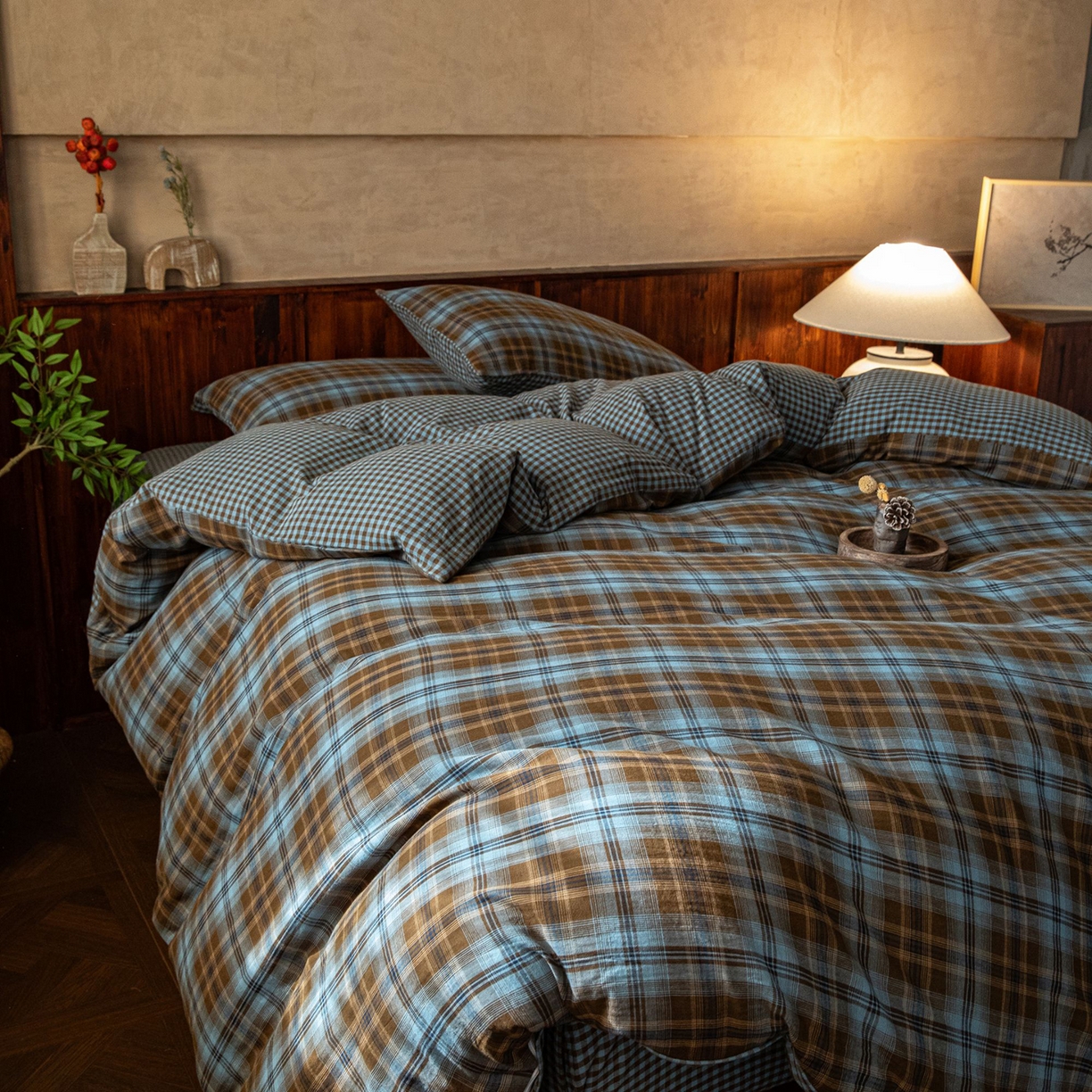 91家纺网 家纺一手货源 找家纺 （总）仰望棉麻双层纱供应链 2025新款AA版全棉色织双层纱四件套-雾蓝古屿