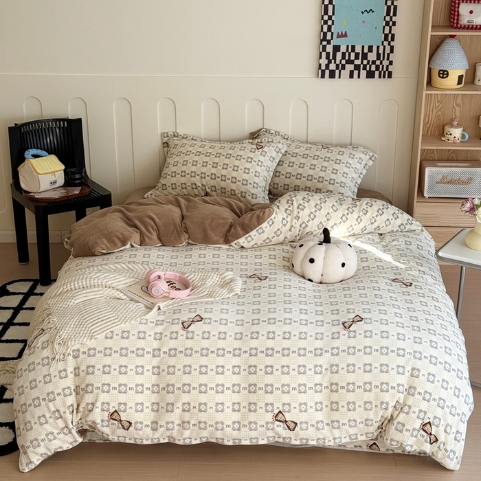 91家纺网 家纺一手货源 找家纺 于果 2025新款牛奶绒印花四件套 蝴蝶结