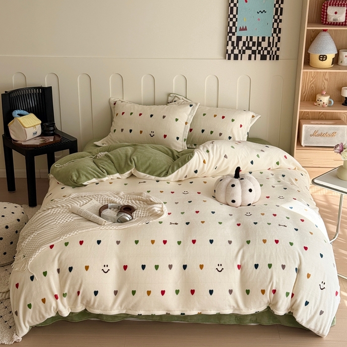 91家纺网 家纺一手货源 找家纺 于果 2025新款牛奶绒印花四件套 甜蜜爱心