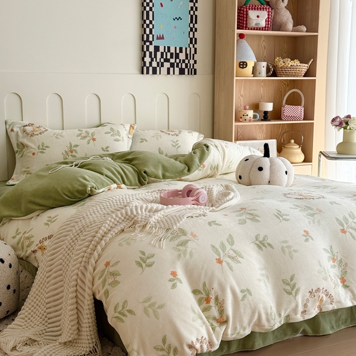 91家纺网 家纺一手货源 找家纺 于果 2025新款牛奶绒印花四件套 叶畔兔语