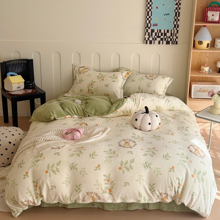 91家纺网 家纺一手货源 找家纺 于果 2025新款牛奶绒印花四件套 叶畔兔语