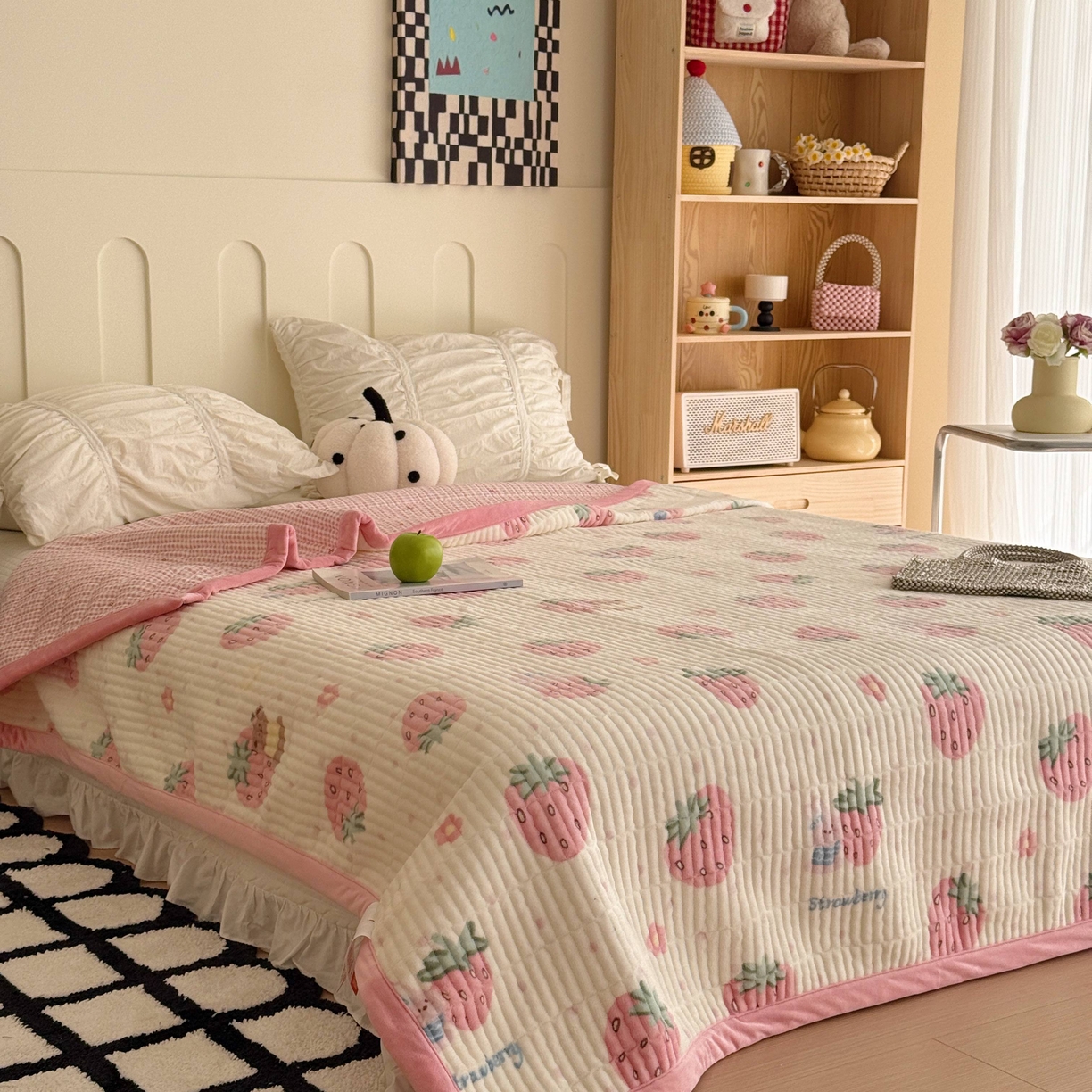 于果 2025新款牛奶绒床盖单床盖床盖单件 奶油草莓