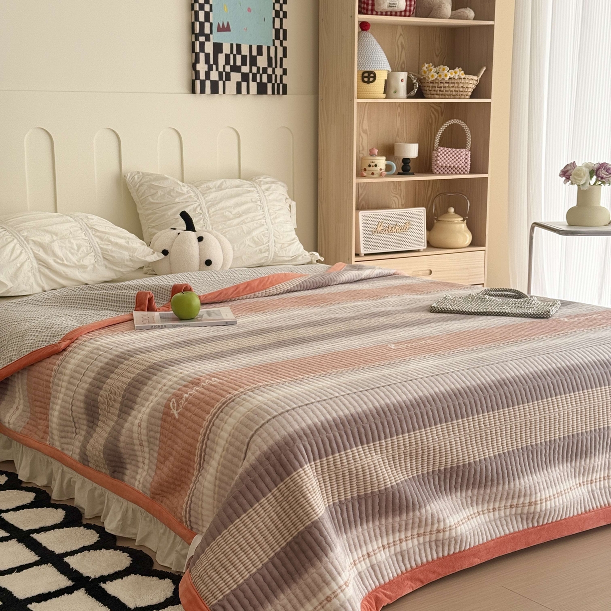 于果 2025新款牛奶绒床盖单床盖床盖单件 英伦之旅橙