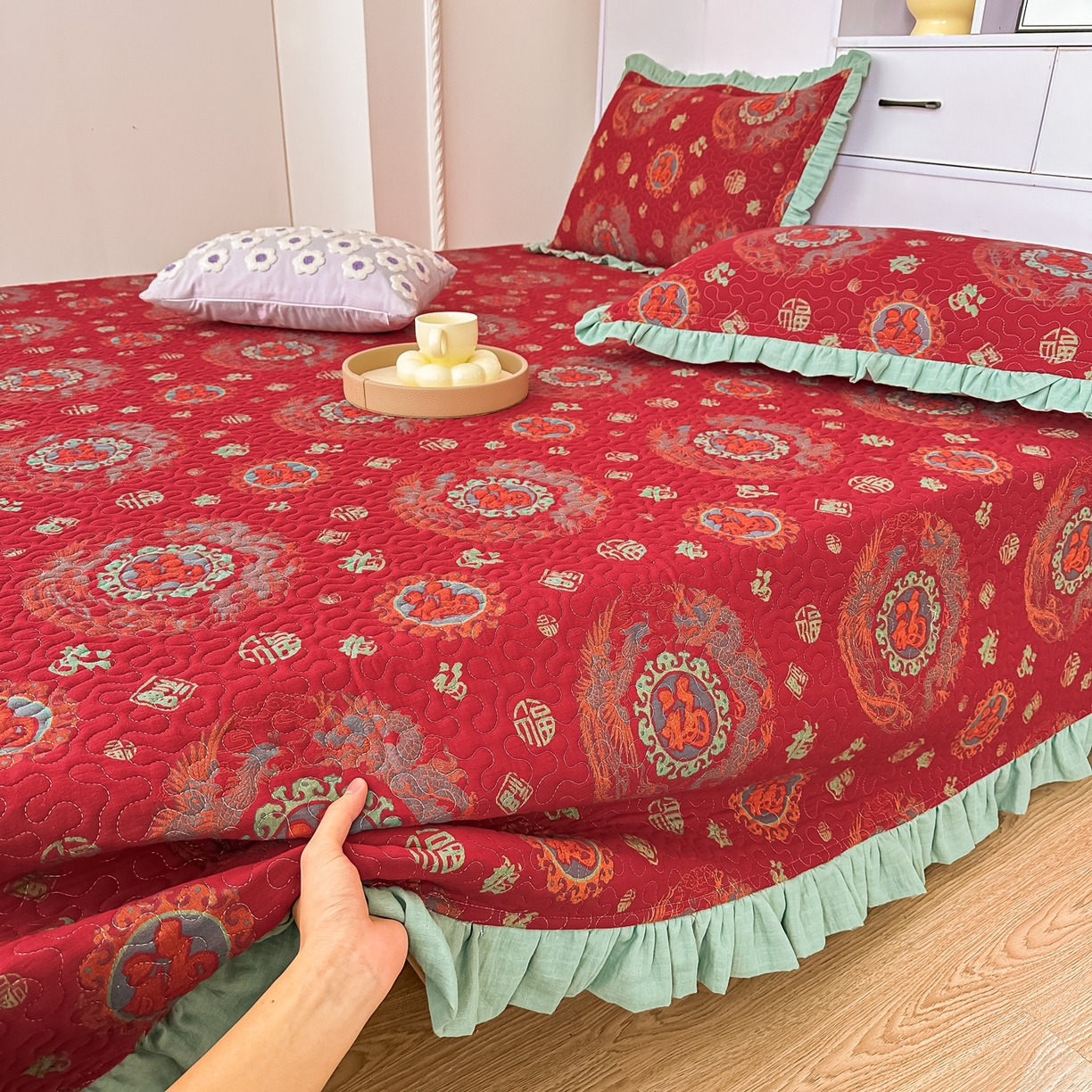 91家纺网 家纺一手货源 找家纺 手艺人家纺 2025新款双层纱夹棉防滑炕盖 榻榻米床盖 炕单床盖 A36