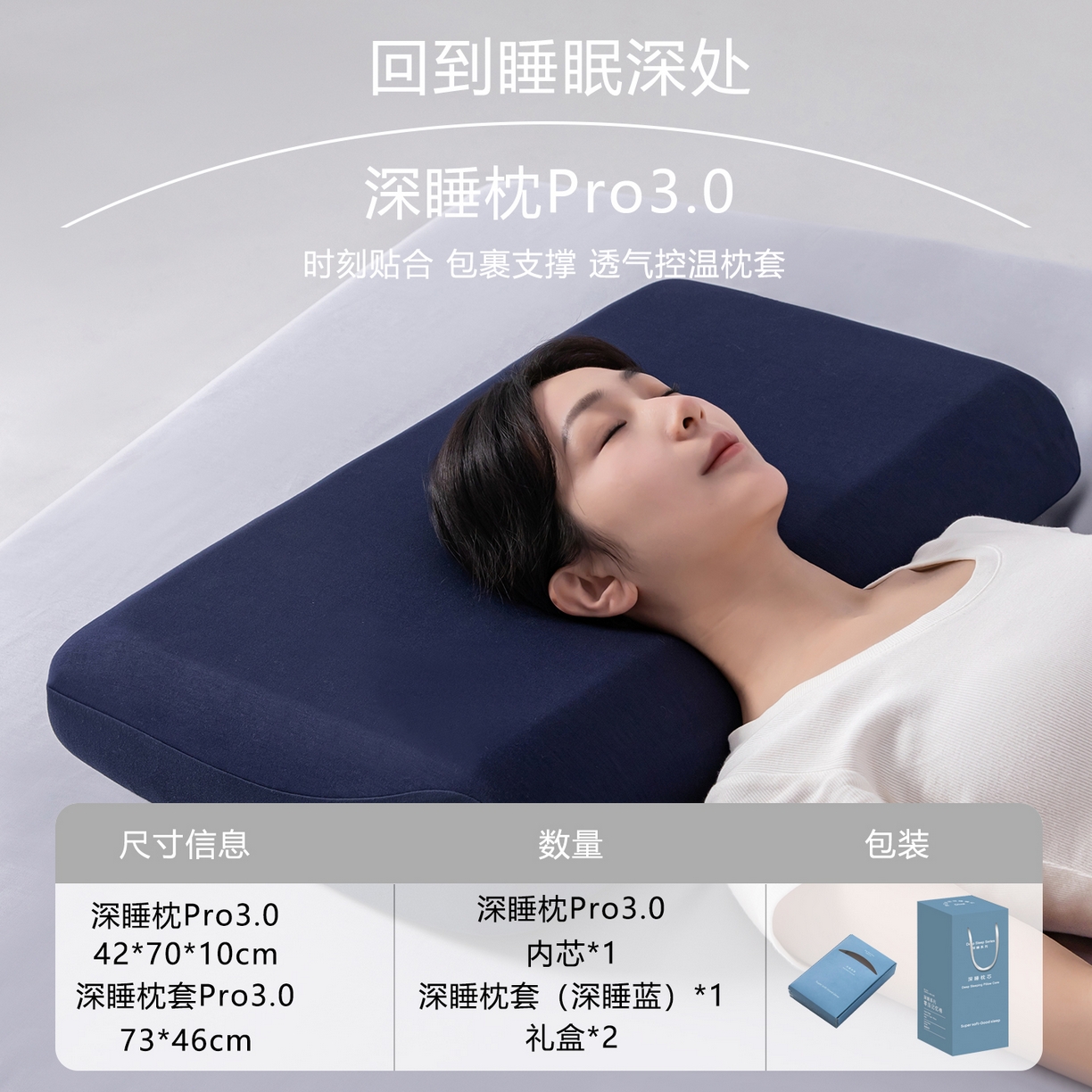 91家纺网 家纺一手货源 找家纺 贵夫人 2025新款深睡三芯枕pro3.0枕头枕芯（礼盒4元+枕套礼盒2元，退货破损扣除） 内芯+深睡蓝枕套（含礼盒）