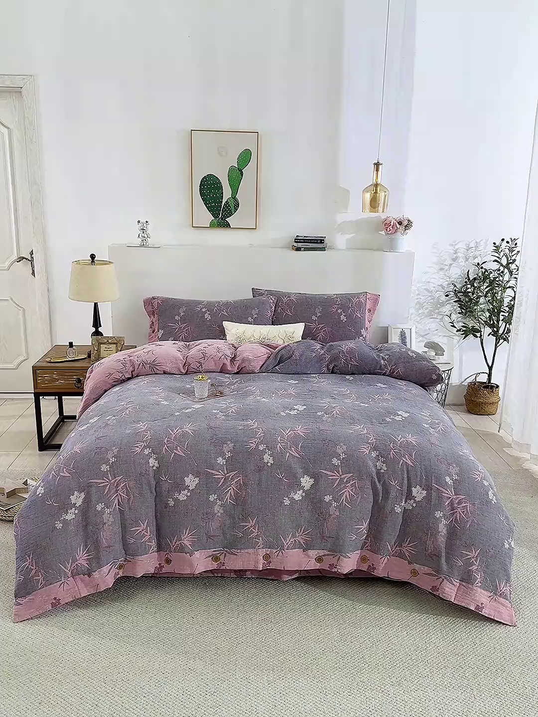 91家纺网 家纺一手货源 找家纺 （总）仰望棉麻双层纱供应链 2025新款全棉纯棉色织提花纽扣款四件套-竹韵