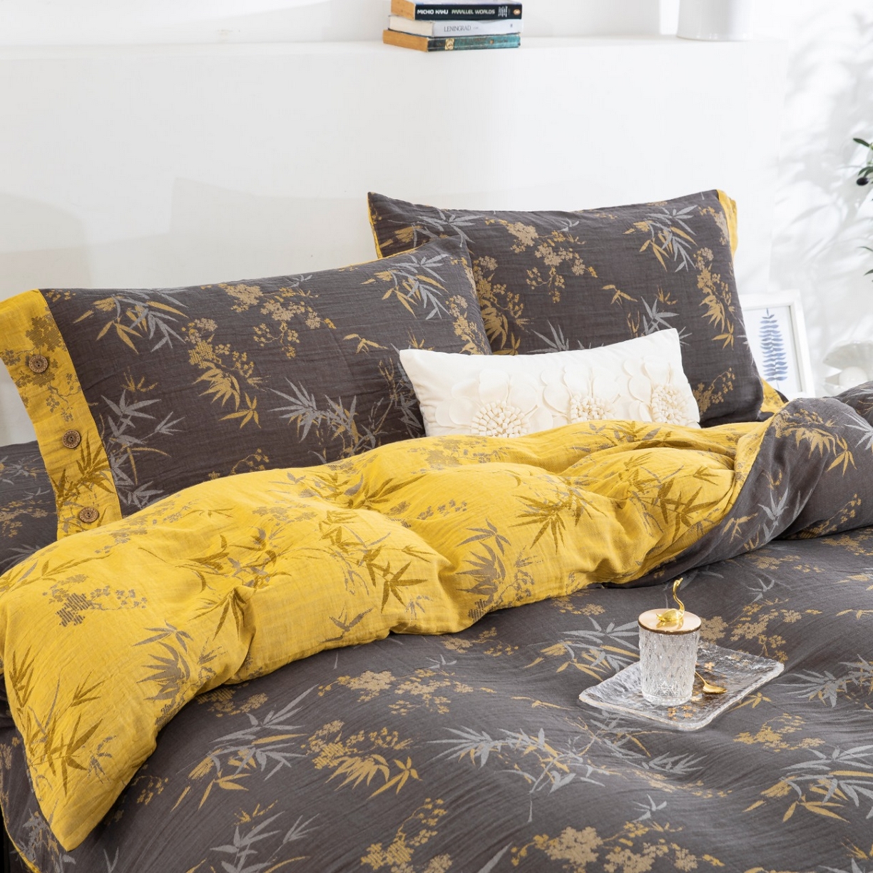 91家纺网 家纺一手货源 找家纺 仰望棉麻双层纱供应链 2025新款全棉纯棉色织提花纽扣款四件套-竹韵 竹韵-黑金