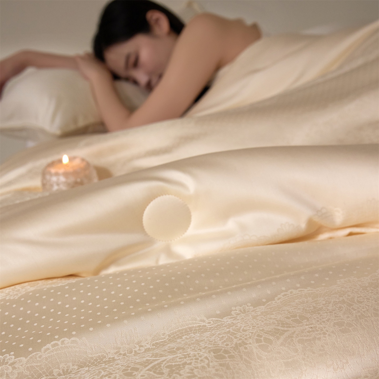 91家纺网 家纺一手货源 找家纺 头等舱 2025新款天棉缎大提花55莱赛尔大豆7A抗菌秋冬被(模特图） 慕斯