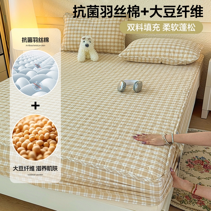 佳笠家居 2025新款A类全棉色织水洗棉大豆棉夹棉床笠-半糖系列 半糖-卡其