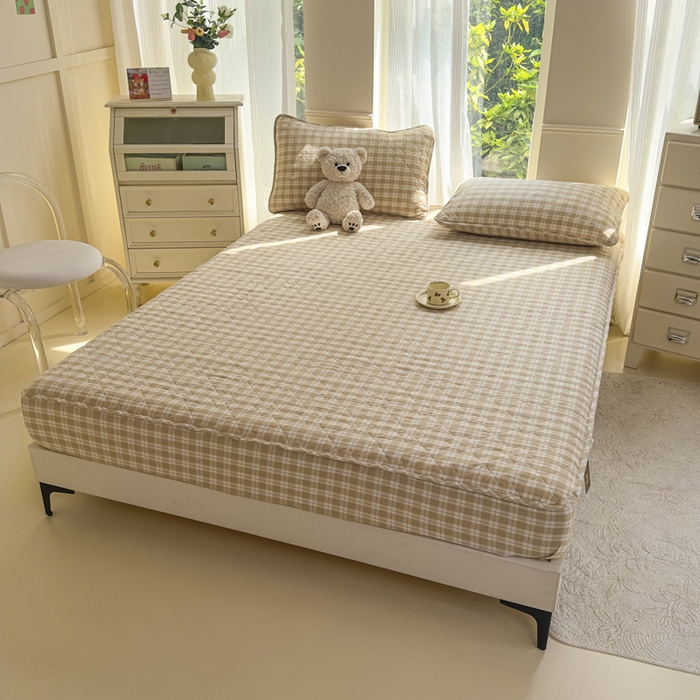 91家纺网 家纺一手货源 找家纺 佳笠家居 2025新款A类全棉色织水洗棉大豆棉夹棉床笠-半糖系列 半糖-卡其