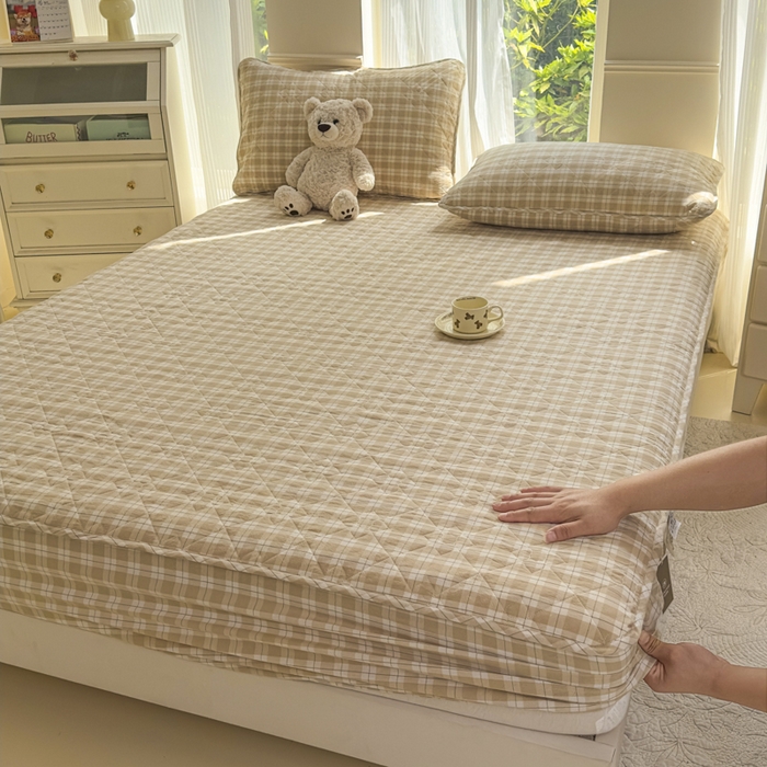 91家纺网 家纺一手货源 找家纺 佳笠家居 2025新款A类全棉色织水洗棉大豆棉夹棉床笠-半糖系列 半糖-卡其