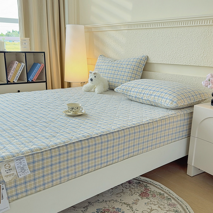 91家纺网 家纺一手货源 找家纺 佳笠家居 2025新款A类全棉色织水洗棉大豆棉夹棉床笠-半糖系列 半糖-蓝黄格