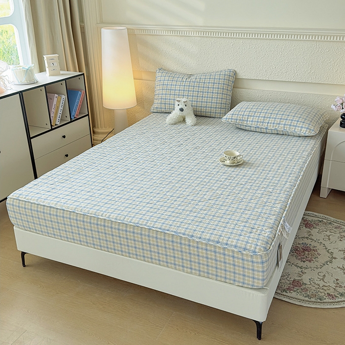 91家纺网 家纺一手货源 找家纺 佳笠家居 2025新款A类全棉色织水洗棉大豆棉夹棉床笠-半糖系列 半糖-蓝黄格