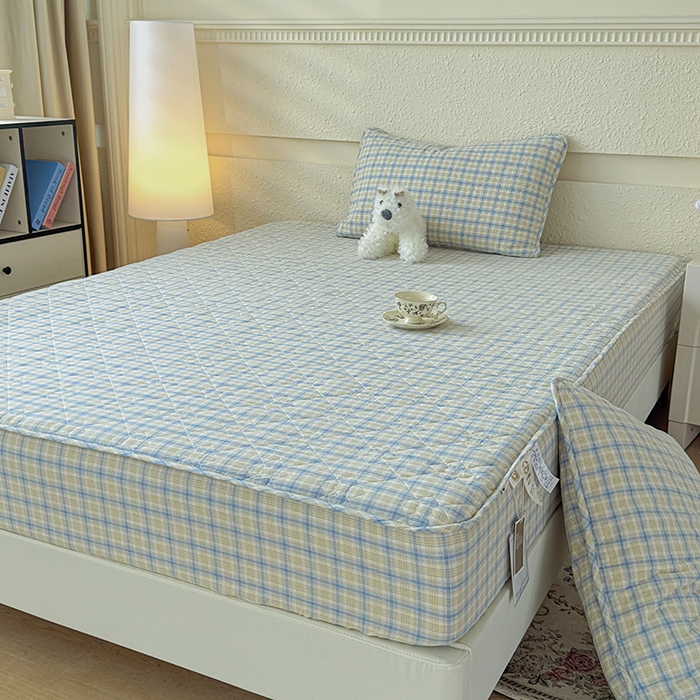 91家纺网 家纺一手货源 找家纺 佳笠家居 2025新款A类全棉色织水洗棉大豆棉夹棉床笠-半糖系列 半糖-蓝黄格