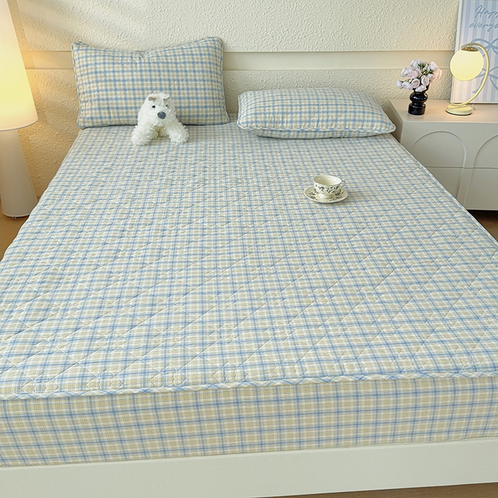 91家纺网 家纺一手货源 找家纺 佳笠家居 2025新款A类全棉色织水洗棉大豆棉夹棉床笠-半糖系列 半糖-蓝黄格