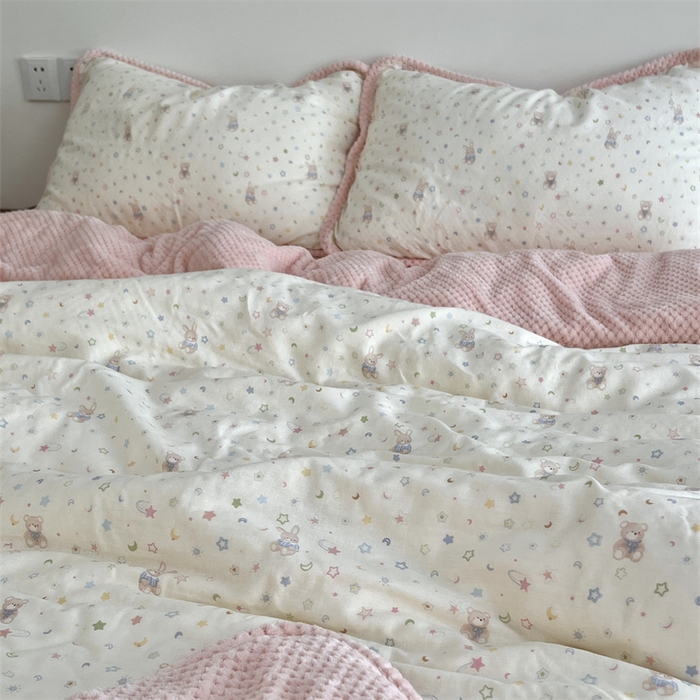 91家纺网 家纺一手货源 找家纺 荣轩 2025秋冬必备新品棉加绒华夫格提花绒工艺款四件套（铺床版）星空派对