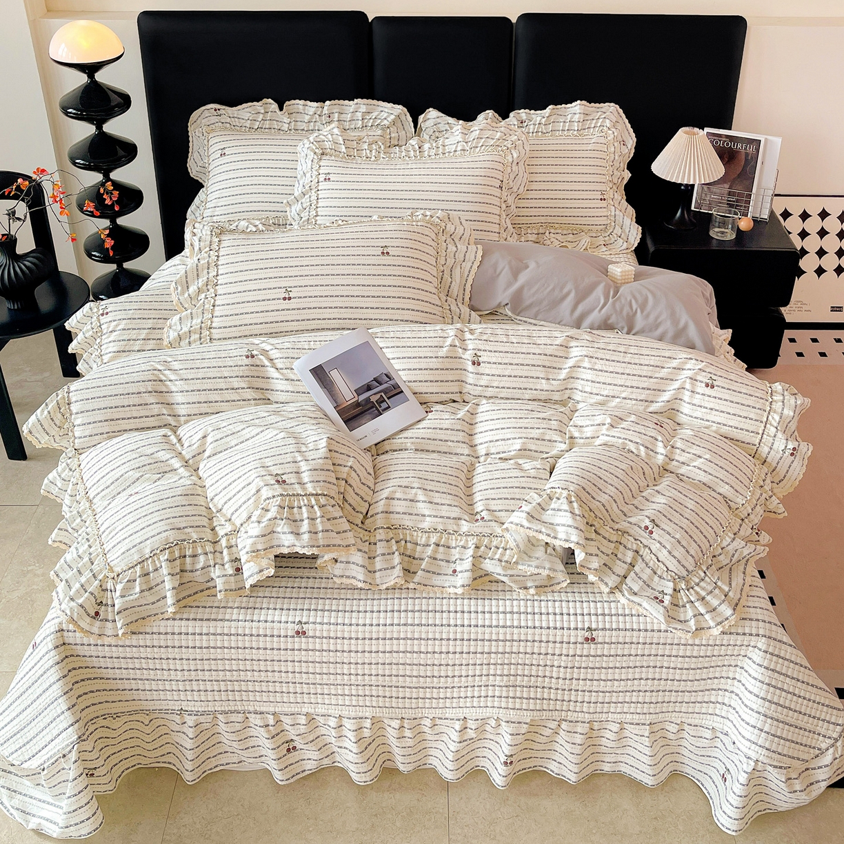 91家纺网 家纺一手货源 找家纺 富米莱（原臻工厂） 2026新款法式大花边A类古法仿棉云感纱床盖床裙四件套 大花边-爱心樱桃