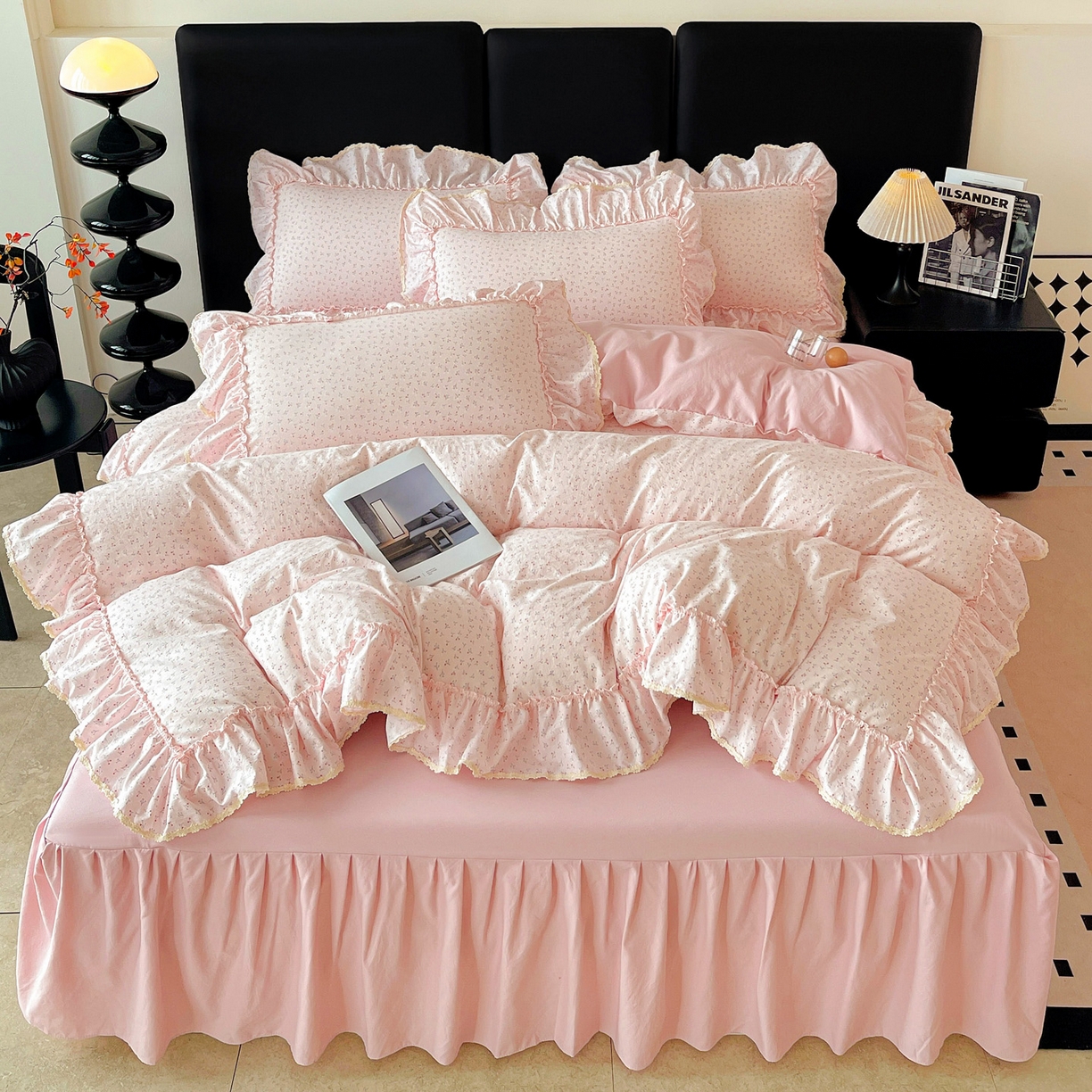 91家纺网 家纺一手货源 找家纺 富米莱（原臻工厂） 2026新款法式大花边A类古法仿棉云感纱床盖床裙四件套 大花边-粉花柔卧