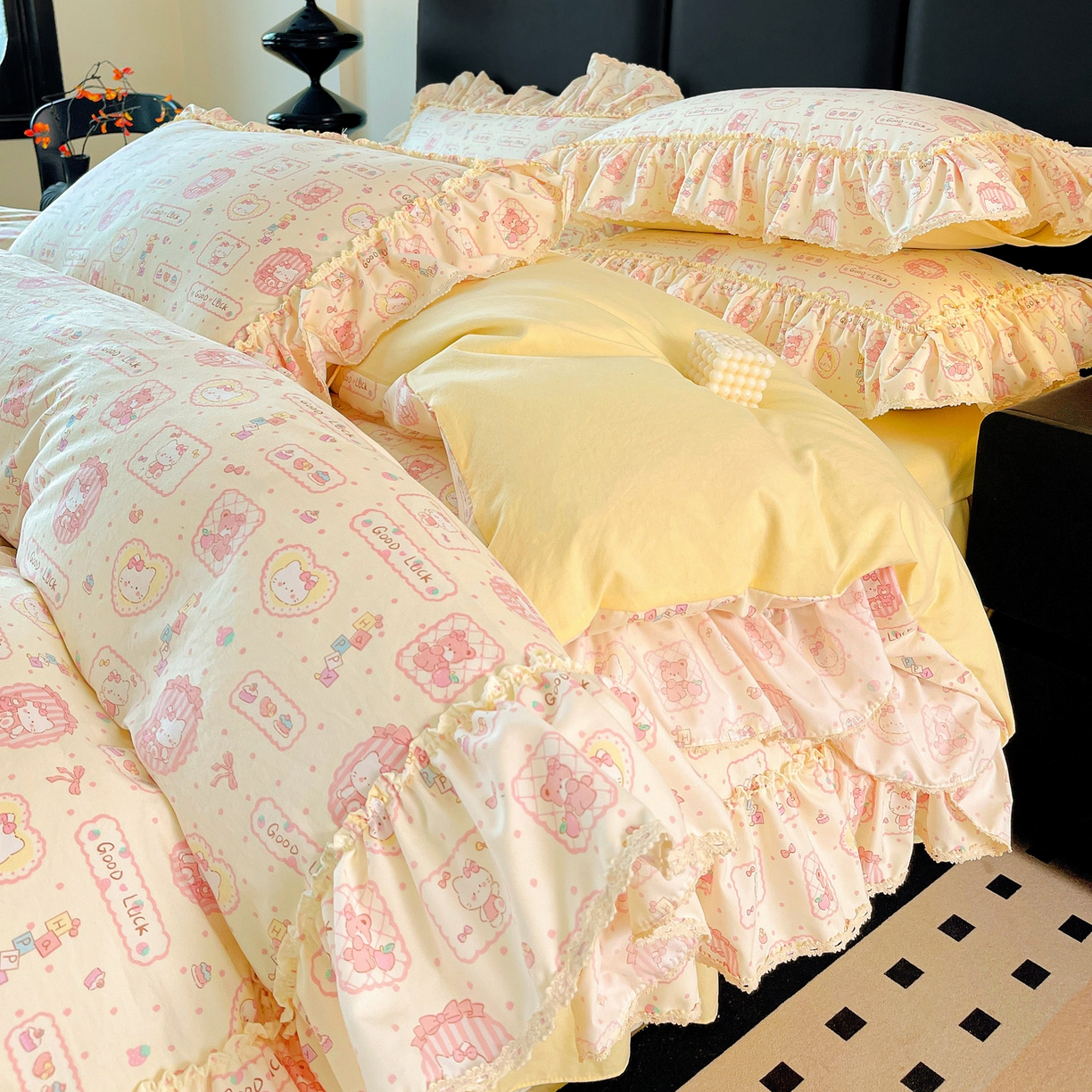 富米莱（原臻工厂） 2026新款法式大花边A类古法仿棉云感纱床盖床裙四件套 大花边-粉樱kt