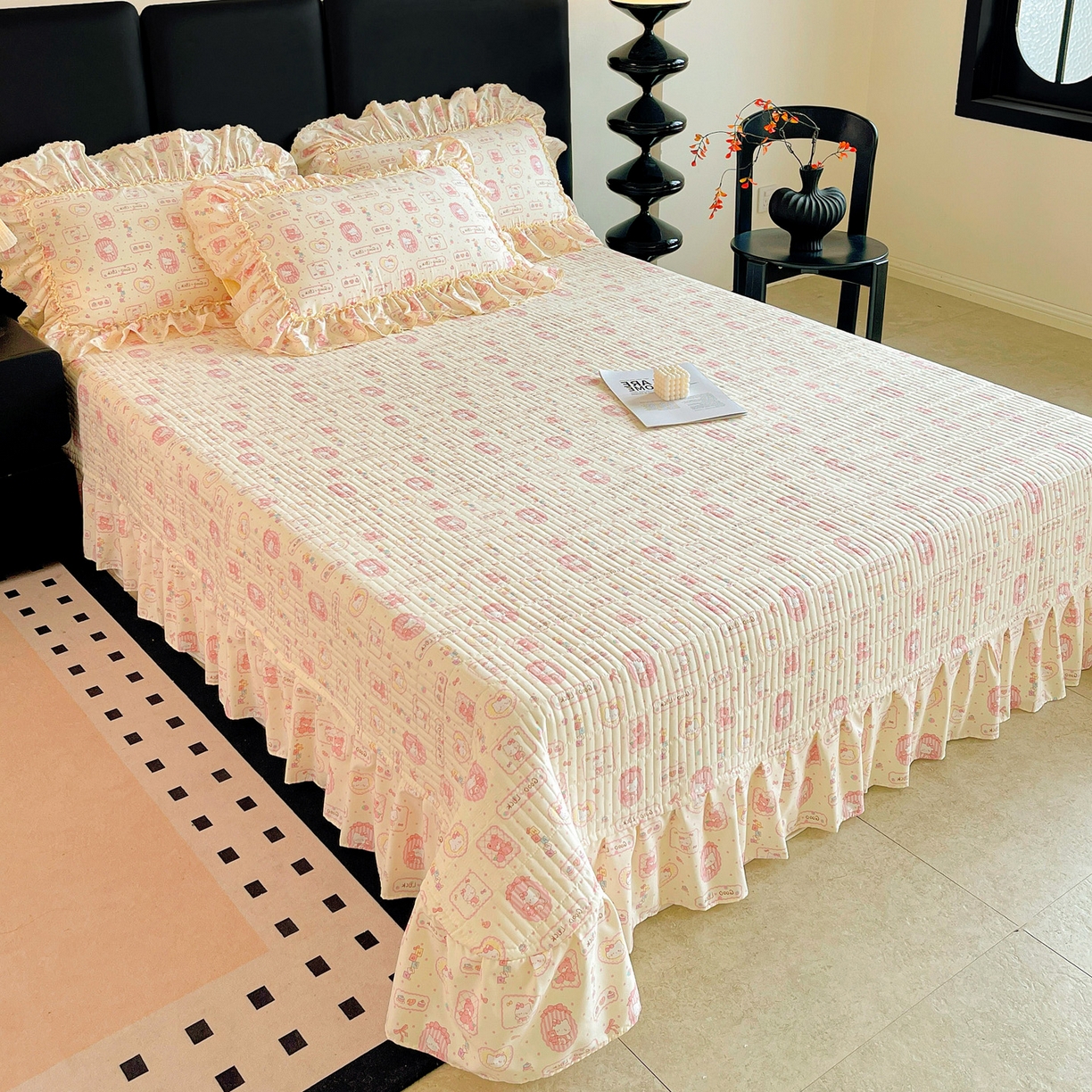 91家纺网 家纺一手货源 找家纺 富米莱（原臻工厂） 2026新款法式大花边A类古法仿棉云感纱床盖床裙四件套 大花边-粉樱kt