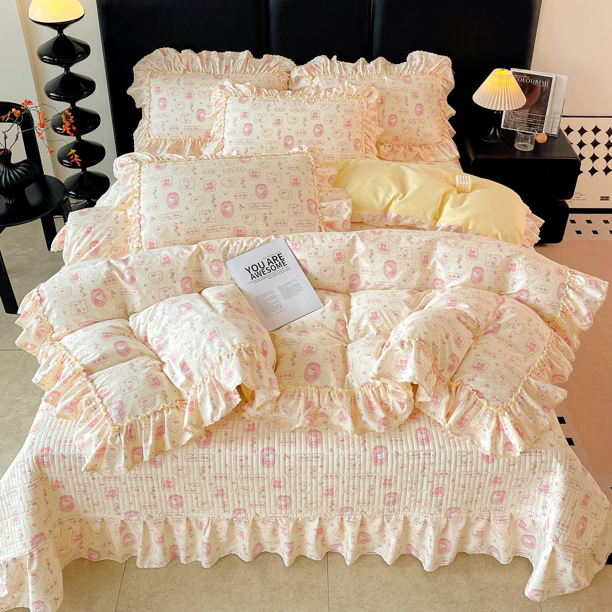 91家纺网 家纺一手货源 找家纺 富米莱（原臻工厂） 2026新款法式大花边A类古法仿棉云感纱床盖床裙四件套 大花边-粉樱kt