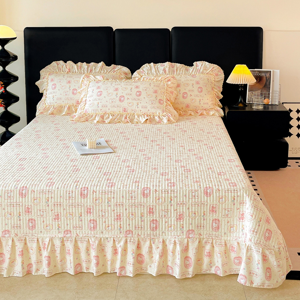 91家纺网 家纺一手货源 找家纺 富米莱（原臻工厂） 2026新款法式大花边A类古法仿棉云感纱床盖床裙四件套 大花边-粉樱kt