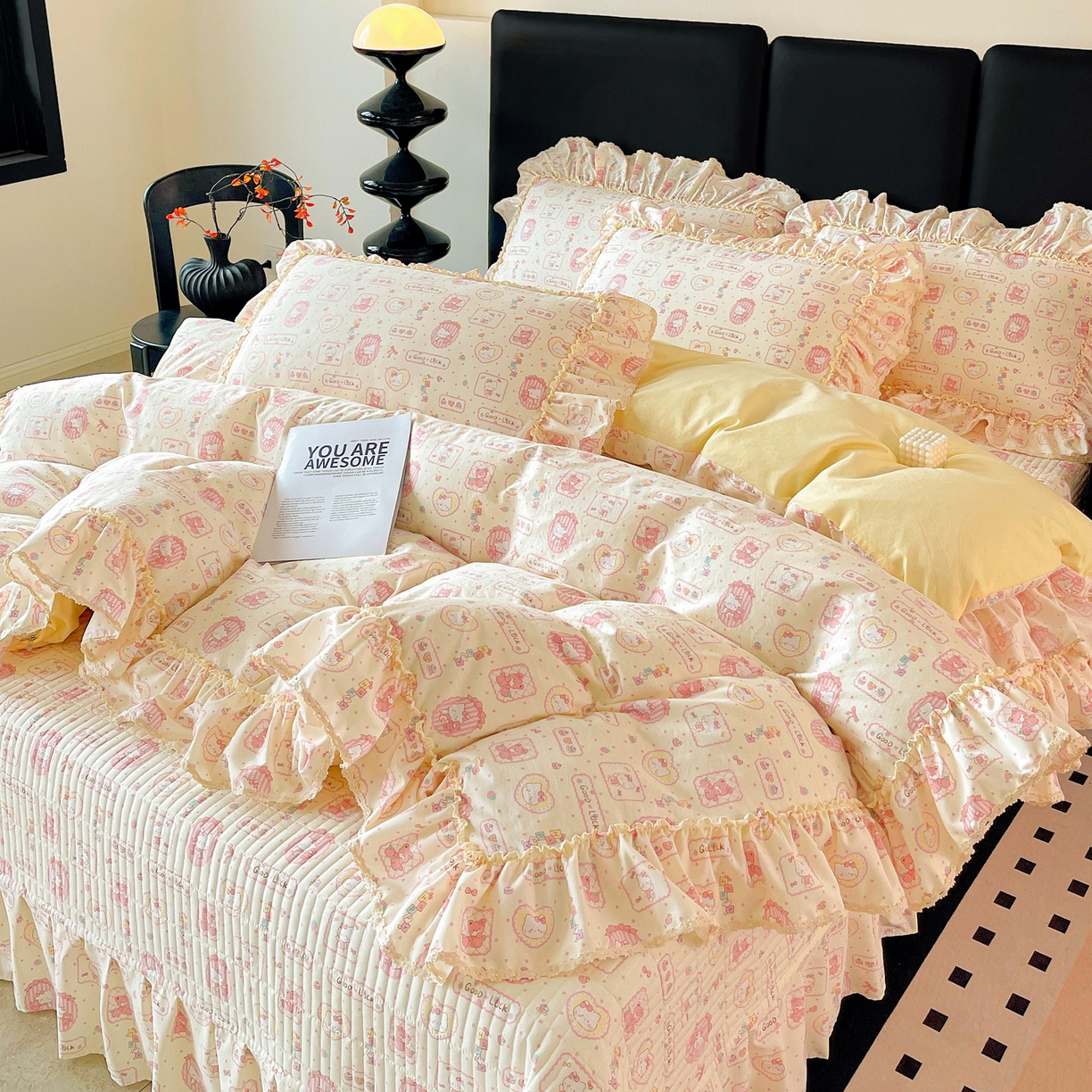 91家纺网 家纺一手货源 找家纺 富米莱（原臻工厂） 2026新款法式大花边A类古法仿棉云感纱床盖床裙四件套 大花边-粉樱kt