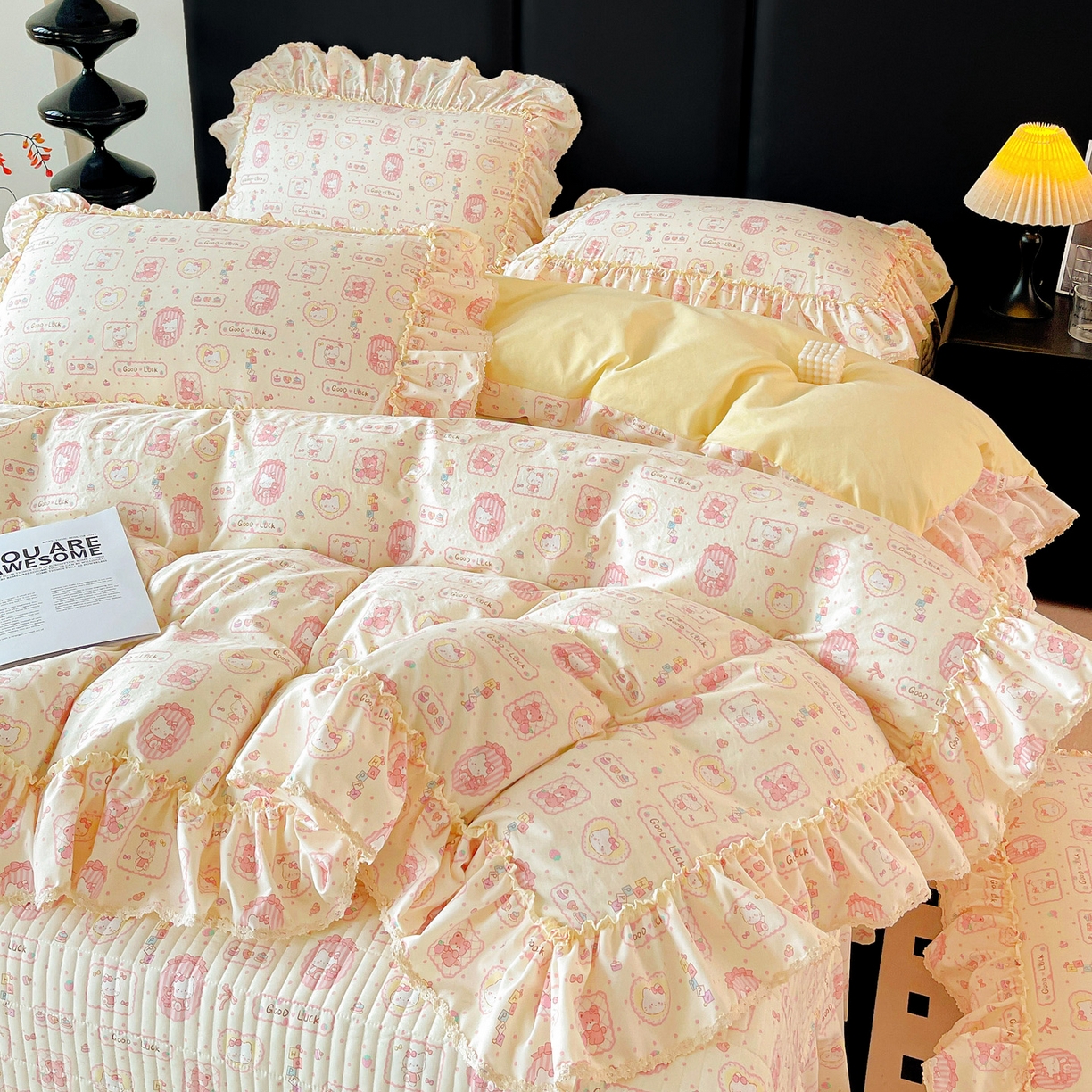 91家纺网 家纺一手货源 找家纺 富米莱（原臻工厂） 2026新款法式大花边A类古法仿棉云感纱床盖床裙四件套 大花边-粉樱kt