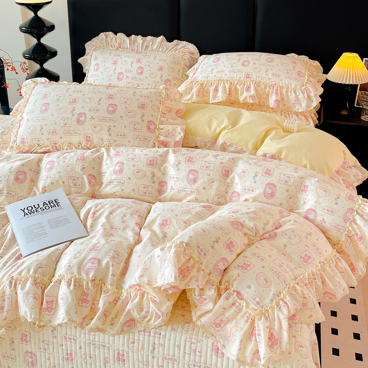 91家纺网 家纺一手货源 找家纺 富米莱（原臻工厂） 2026新款法式大花边A类古法仿棉云感纱床盖床裙四件套 大花边-粉樱kt