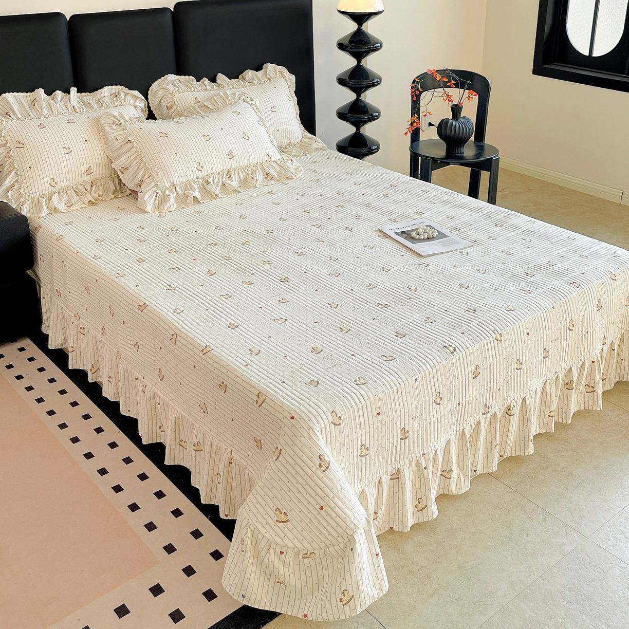 91家纺网 家纺一手货源 找家纺 富米莱（原臻工厂） 2026新款法式大花边A类古法仿棉云感纱床盖床裙四件套 大花边-好运木马