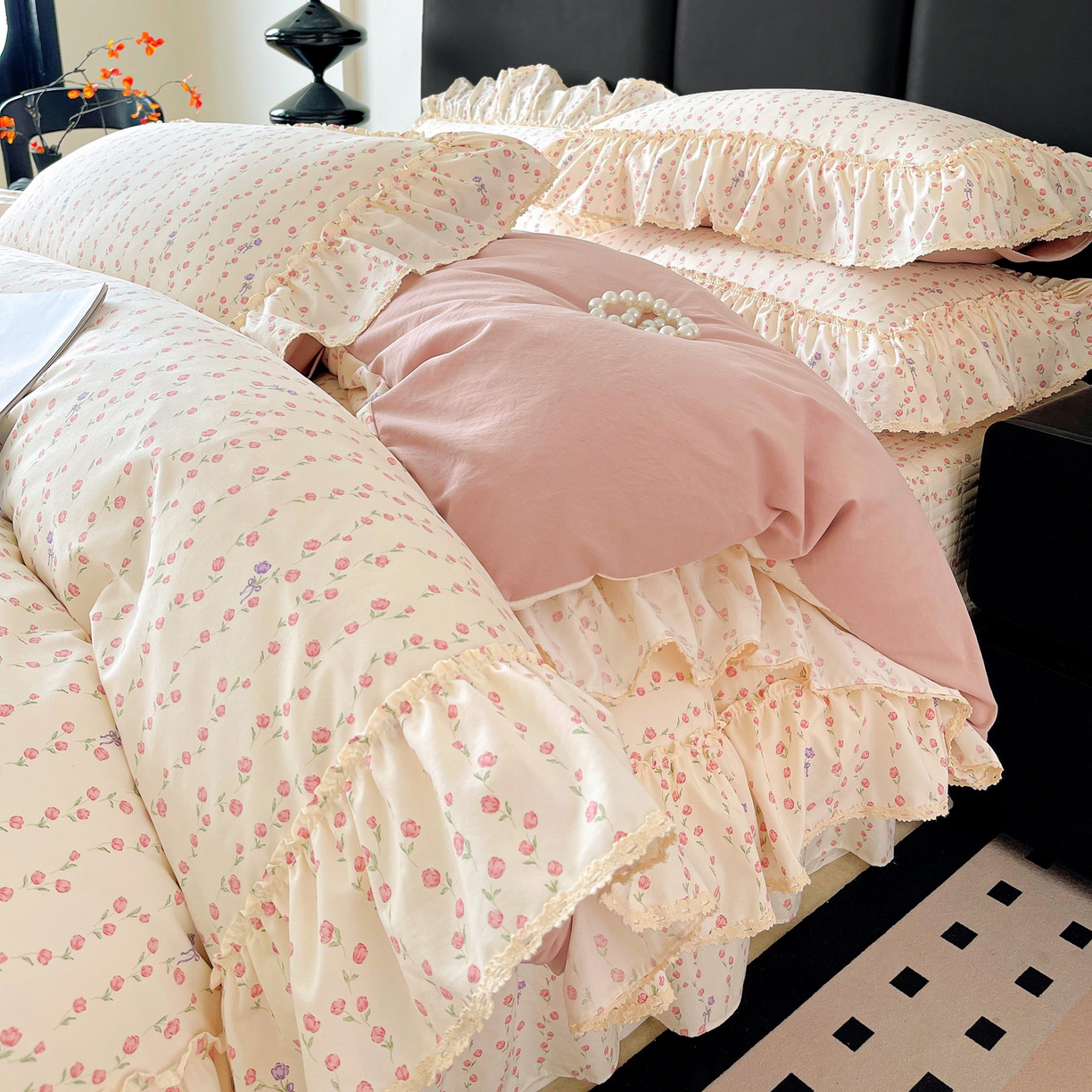 富米莱（原臻工厂） 2026新款法式大花边A类古法仿棉云感纱床盖床裙四件套 大花边-花梦蔓