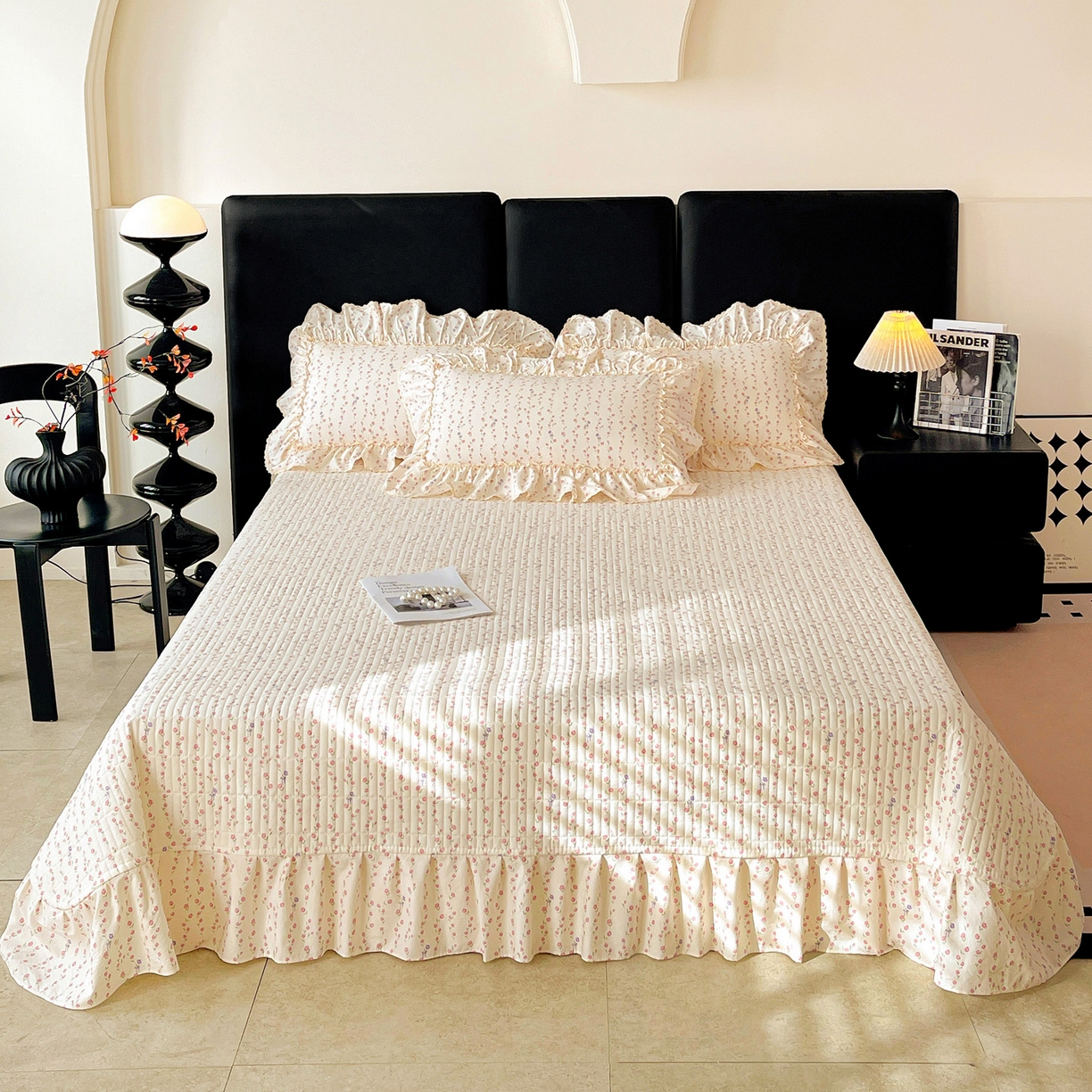 91家纺网 家纺一手货源 找家纺 富米莱（原臻工厂） 2026新款法式大花边A类古法仿棉云感纱床盖床裙四件套 大花边-花梦蔓